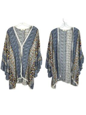 Ruffle Bell Sleeve Floral Duster Kimono Navy Blue Multicolor Sz L Jade by Jane